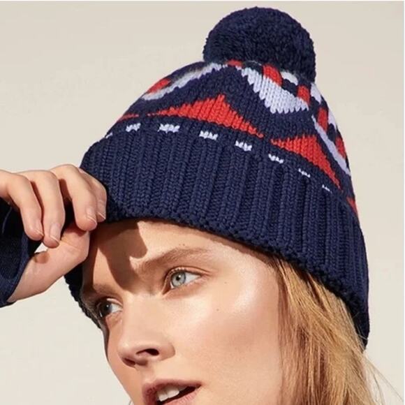 Tory Burch Sport Fair Isle Navy Red Merino Wool Beanie Hat & Mittens Set New - Picture 1 of 6
